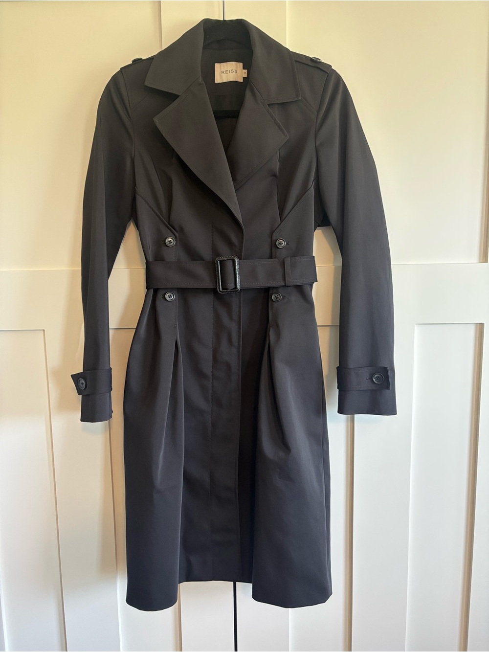 Reiss Black Double-Breasted Belted long Trench Coat size XS classic British